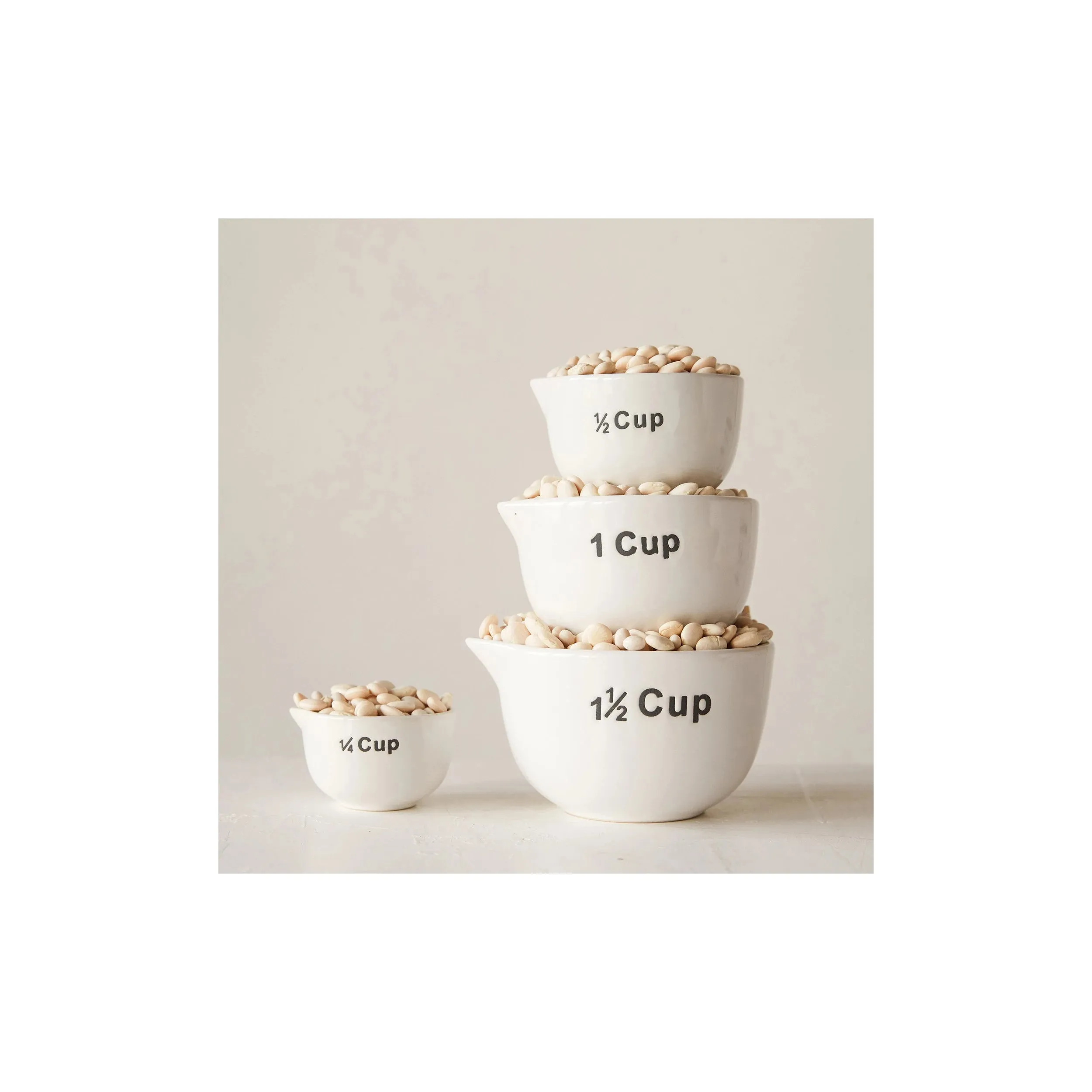 1-1/2, 1, 1/2 & 1/4 Cup Stoneware Measuring Cups, White, Set of 4