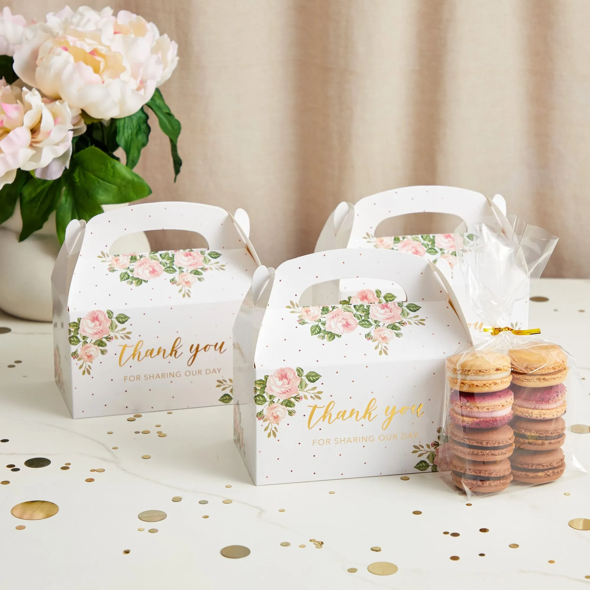 24-Pack 6.3x3.5x3.5-Inch Floral Party Favor Gable Boxes, Thank You Gift Boxes for Birthday, Wedding, and Baby Shower Celebrations