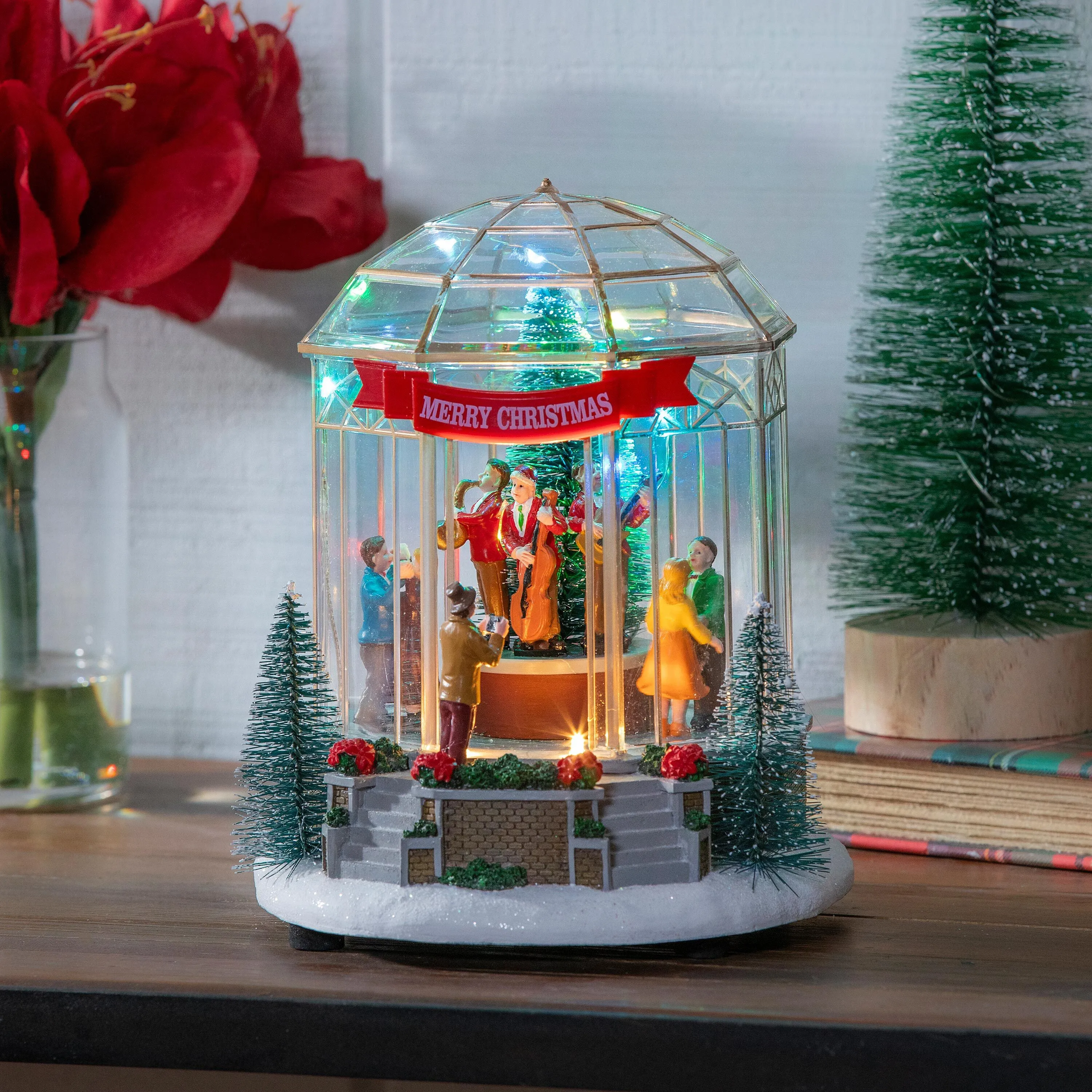 8.5" LED Christmas Greenhouse with Rotating Dancers and Music Table Decor