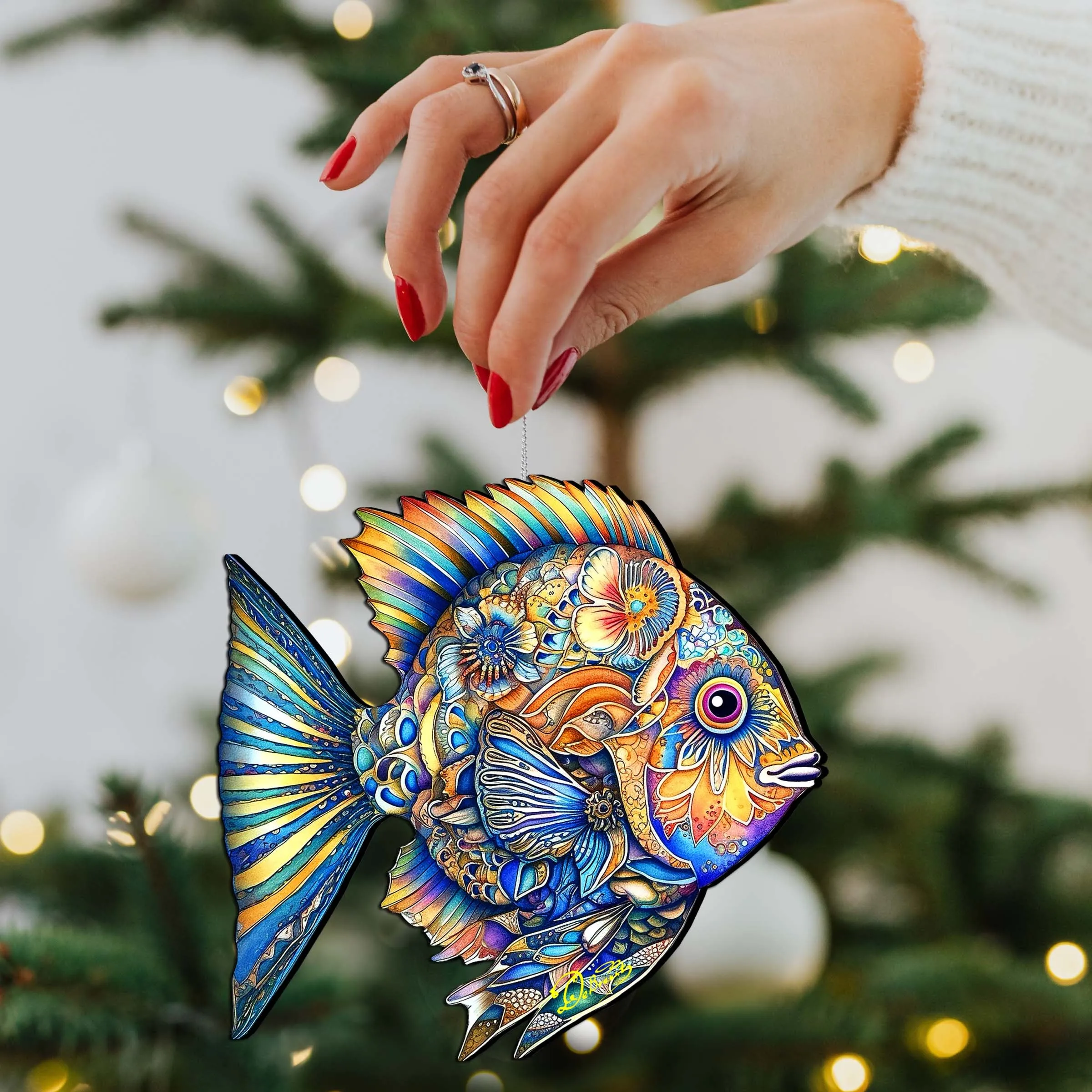 Beach Themed Ornaments - Cerulean Serenity Fish Wooden Ornaments by G.Debrekht | Coastal Holiday Decor - 8688304