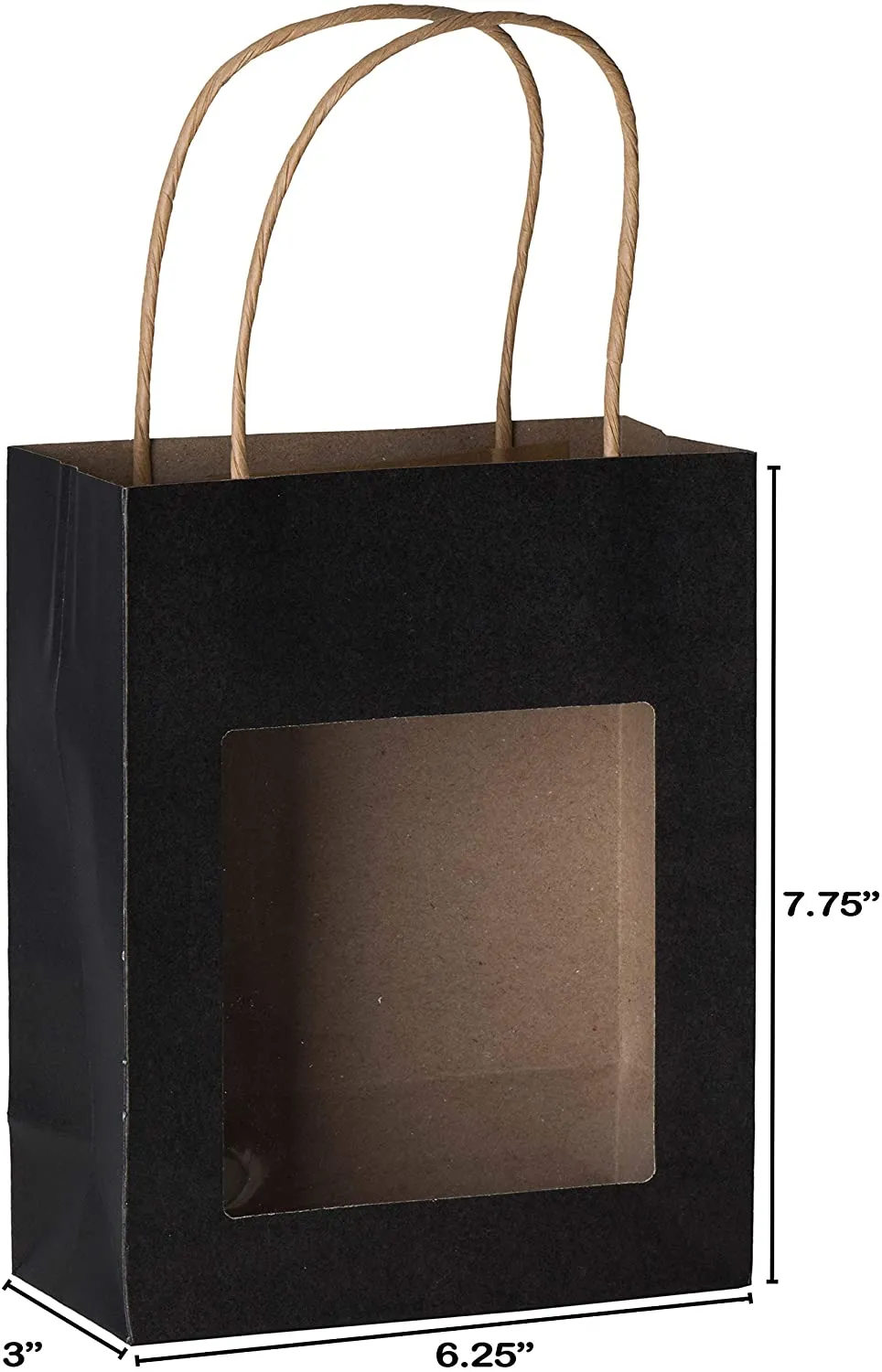 Black Kraft Paper Bag With Window 20 Pack 7.75"x 6.25"x 3"