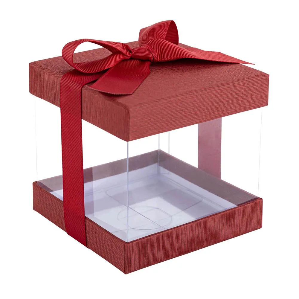 Clear Plastic Gift Boxes 6 Pack Maroon 4x4x4" Bakery Boxes With Base Lid & Ribbon