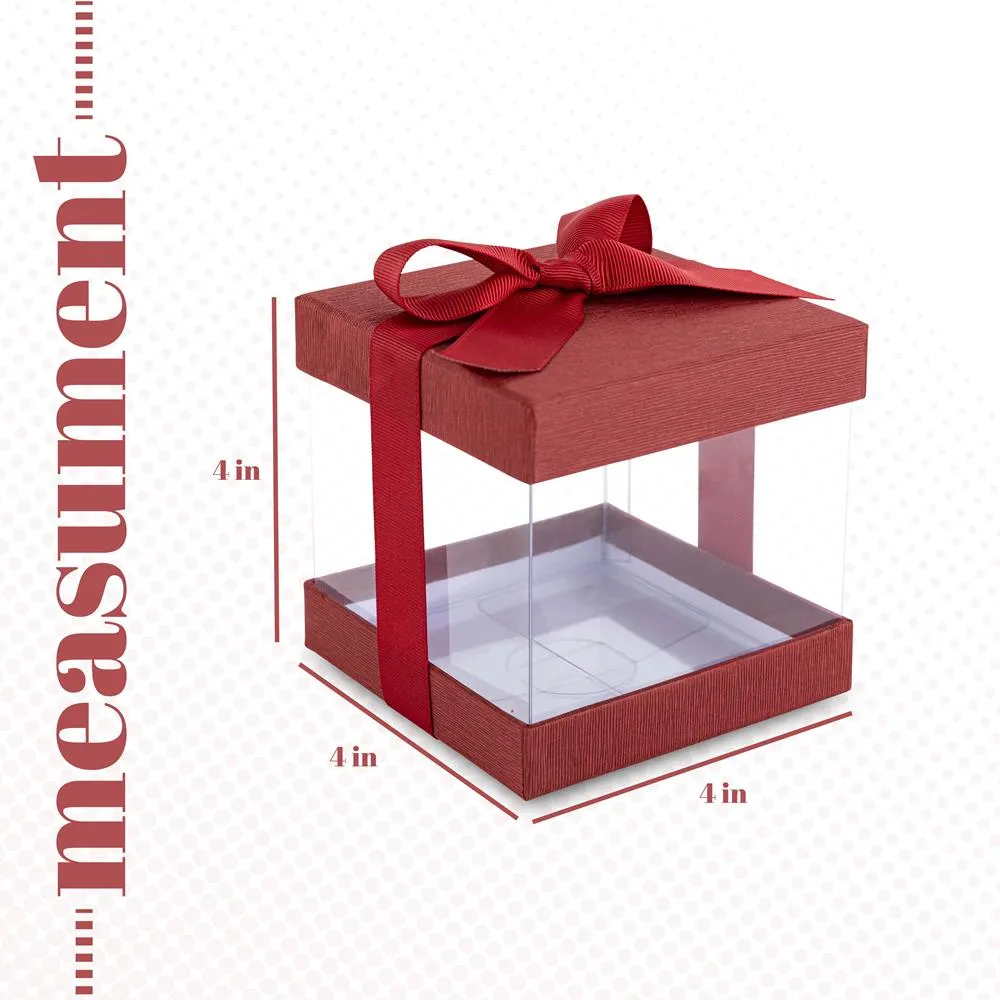 Clear Plastic Gift Boxes 6 Pack Maroon 4x4x4" Bakery Boxes With Base Lid & Ribbon