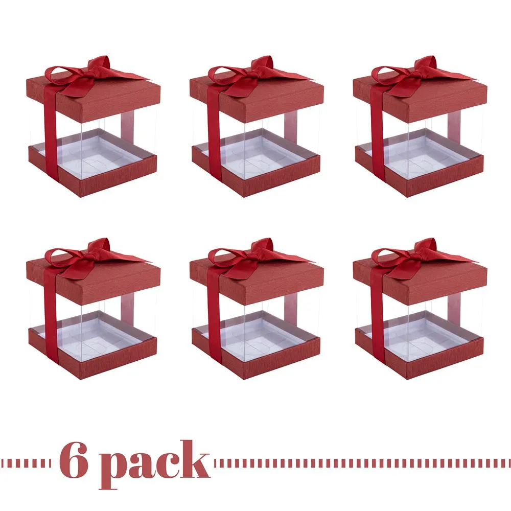 Clear Plastic Gift Boxes 6 Pack Maroon 4x4x4" Bakery Boxes With Base Lid & Ribbon