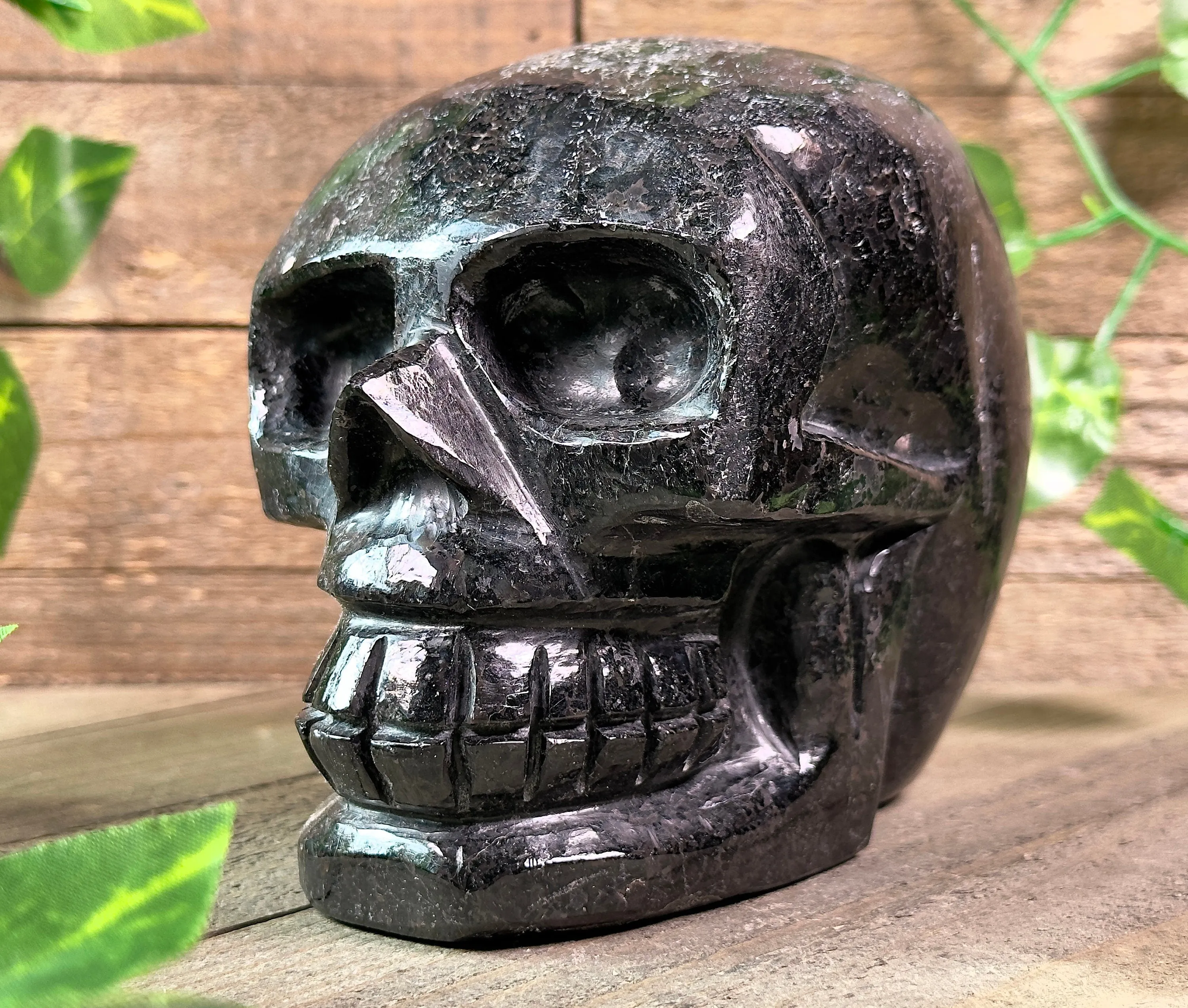 COPPERNITE Indian NUUMMITE Crystal Skull - Large - Gothic Home Decor, Memento Mori, Halloween Decor, 53128