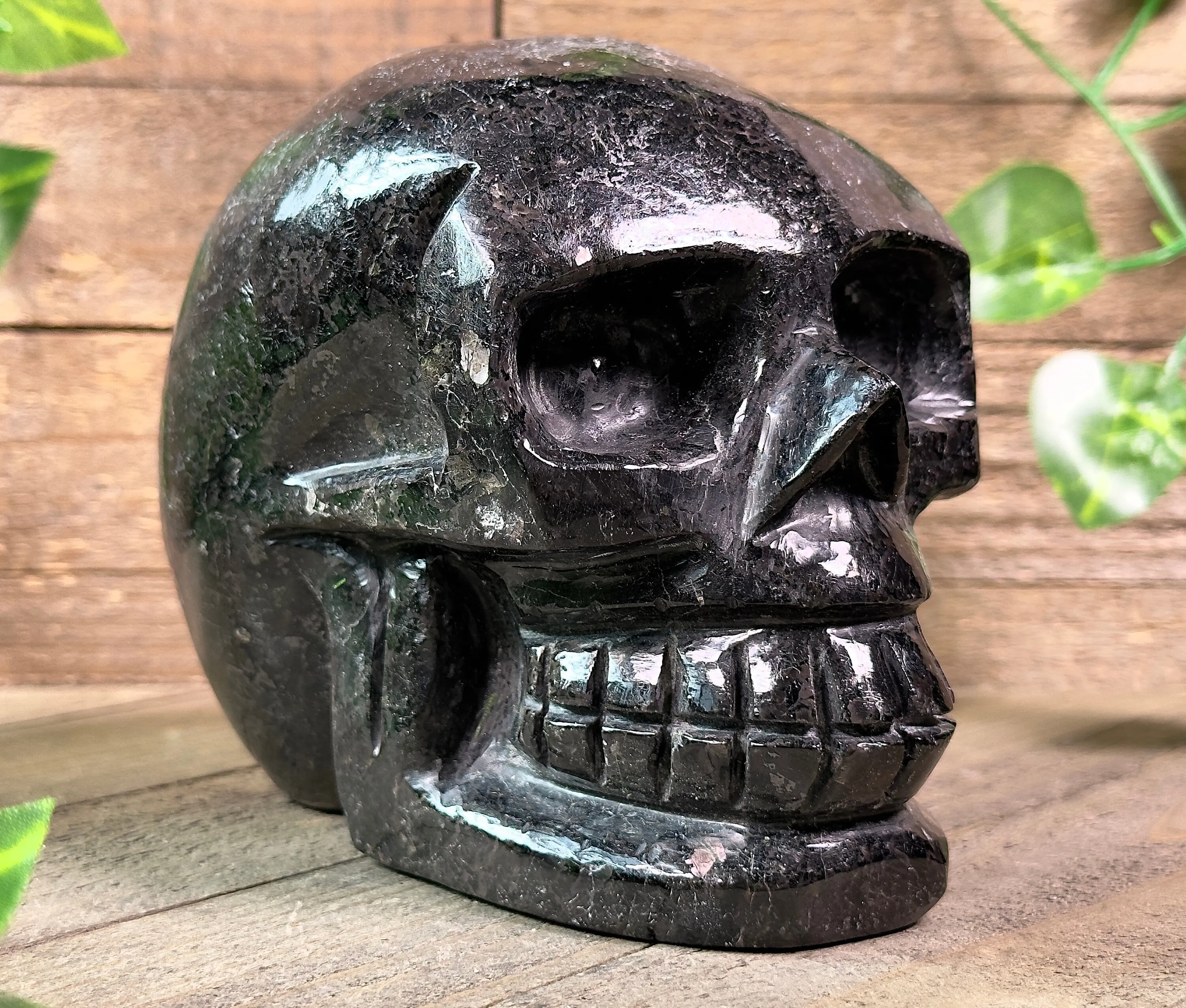 COPPERNITE Indian NUUMMITE Crystal Skull - Large - Gothic Home Decor, Memento Mori, Halloween Decor, 53128