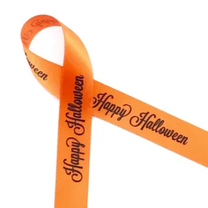 Happy Halloween Ribbon, Black on 5/8" Orange Single Face Satin