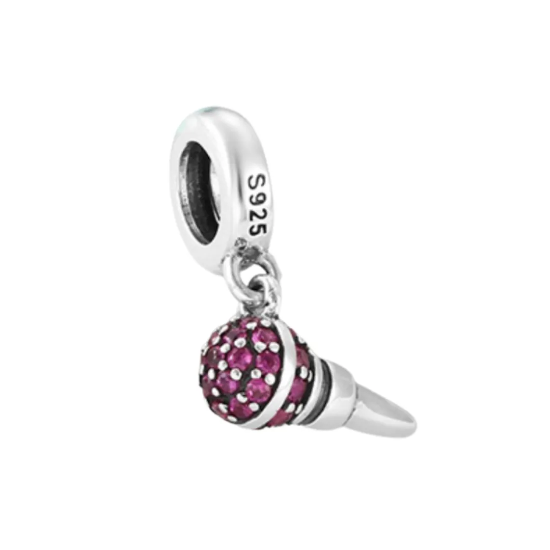 Karaoke Microphone Crystal Charm 925 Sterling Silver