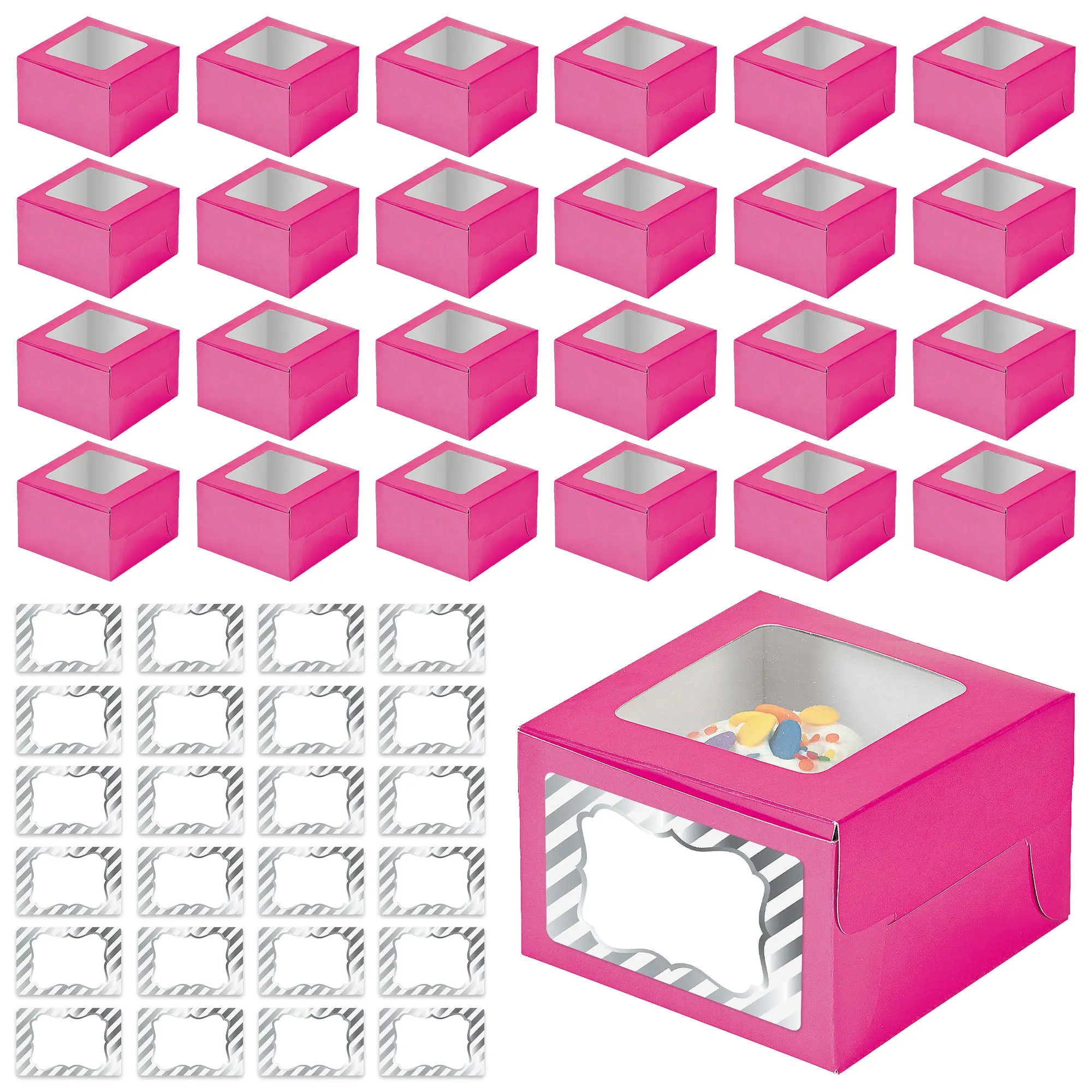 Pink Cupcake Boxes with Sticker Labels - Individual Single Cupcake Boxes With Insert Holders With White and Silver Foil Stickers - 24 count (Pink) 4 1/2" x 3" x 4 1/2"