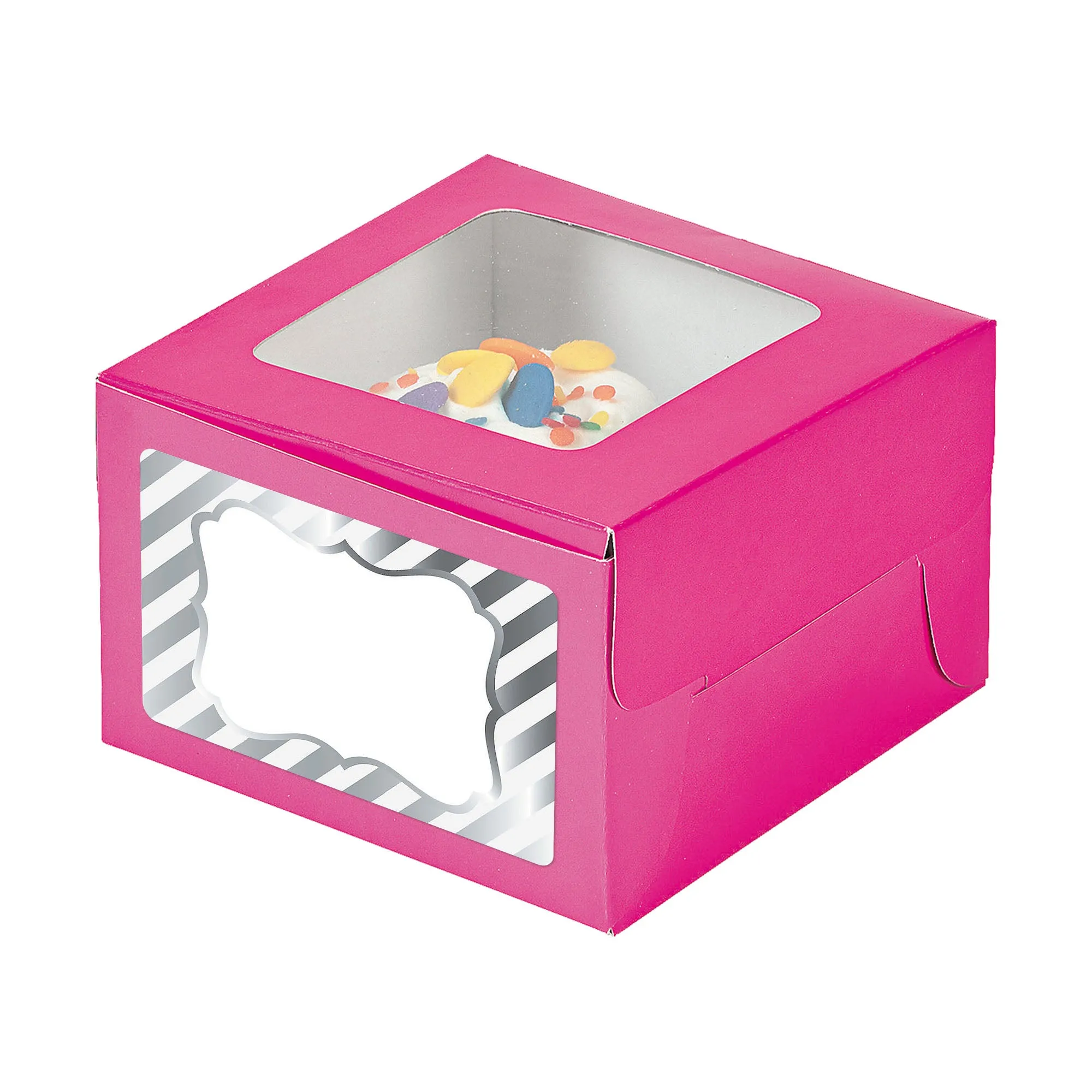 Pink Cupcake Boxes with Sticker Labels - Individual Single Cupcake Boxes With Insert Holders With White and Silver Foil Stickers - 24 count (Pink) 4 1/2" x 3" x 4 1/2"