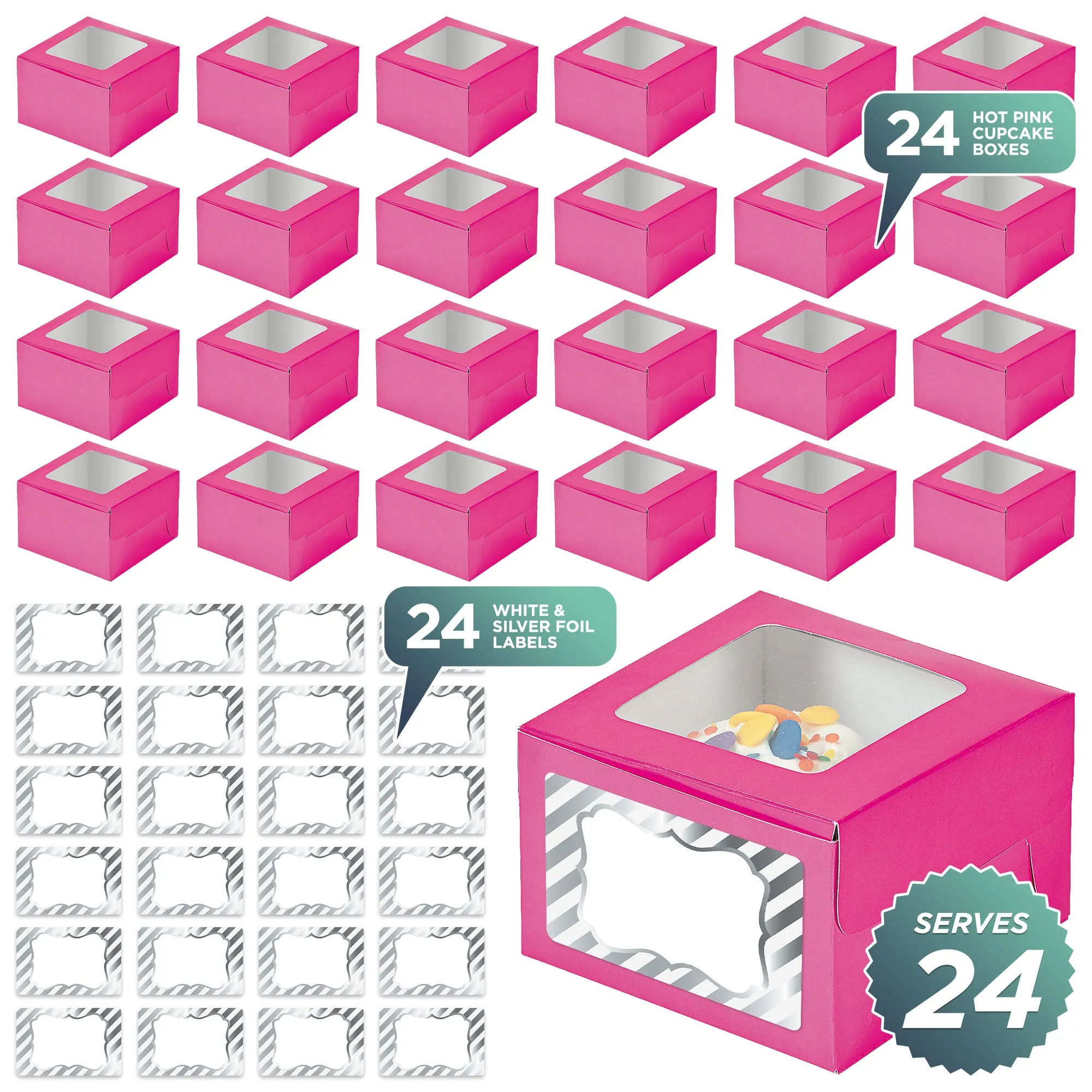 Pink Cupcake Boxes with Sticker Labels - Individual Single Cupcake Boxes With Insert Holders With White and Silver Foil Stickers - 24 count (Pink) 4 1/2" x 3" x 4 1/2"