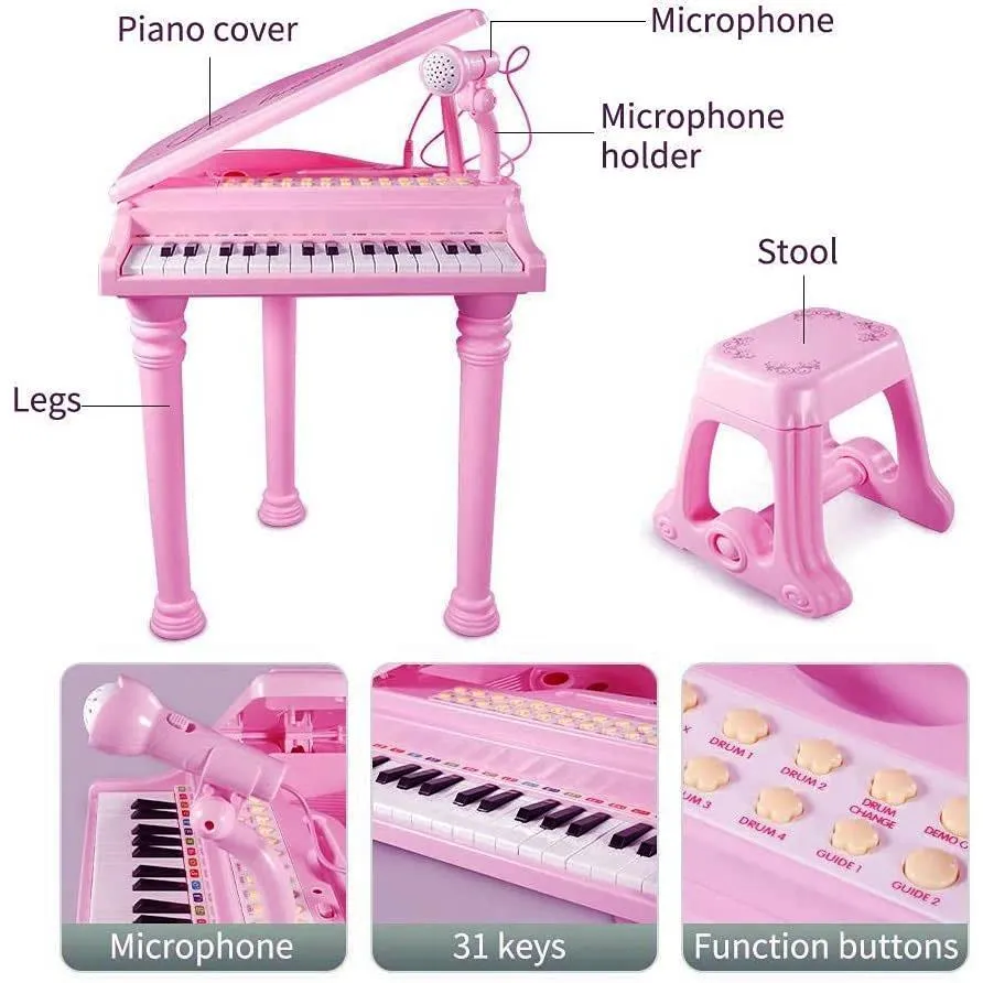 Pink Electronic Piano With Microphone and Stool