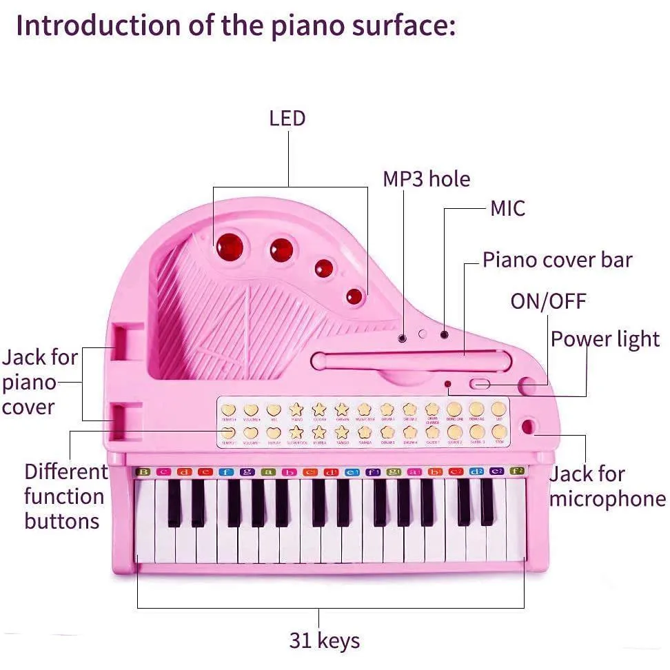 Pink Electronic Piano With Microphone and Stool