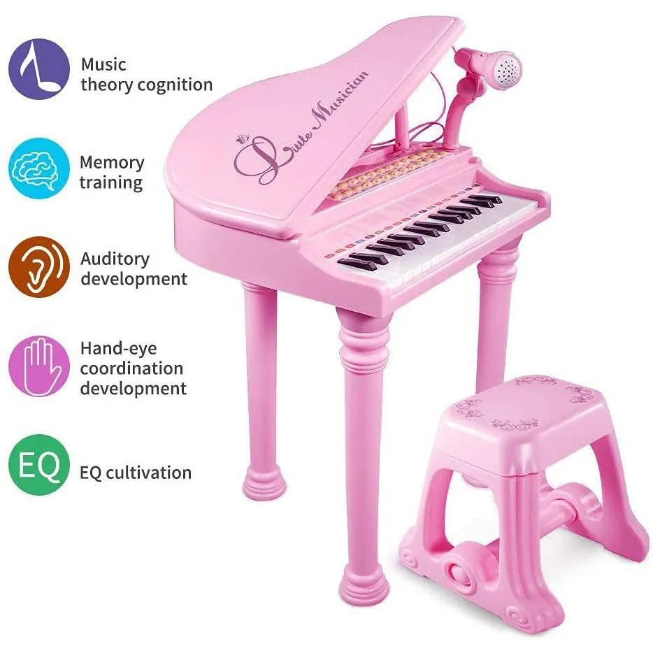 Pink Electronic Piano With Microphone and Stool