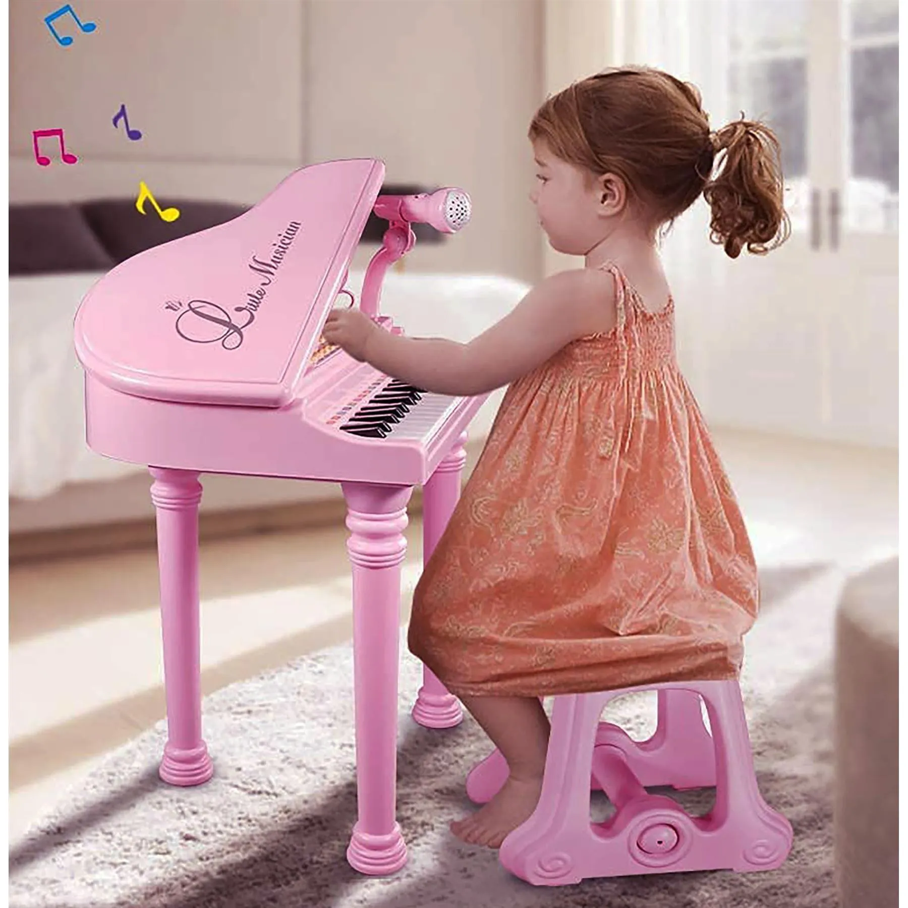 Pink Electronic Piano With Microphone and Stool