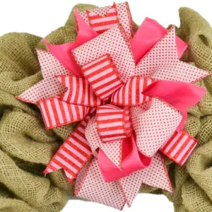 Red Pink Vday Valentine's Day Lantern Wreath Bow - Burlap Wreath Embellishment for Making Your Own - Layered Full Handmade Farmhouse Already Made