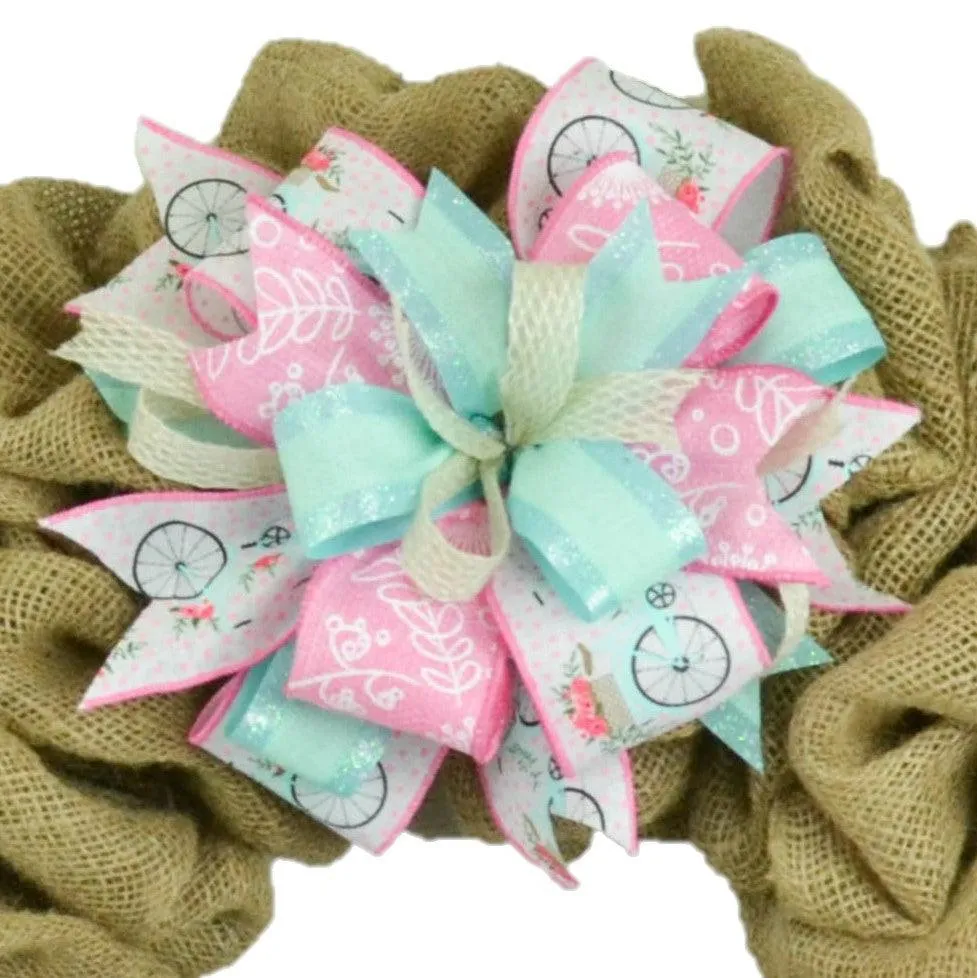 Spring Summer Bright Bike Playful Year Round Lantern Wreath Bow - Burlap Wreath Embellishment for Making Your Own - Layered Full Handmade Farmhouse Already Made