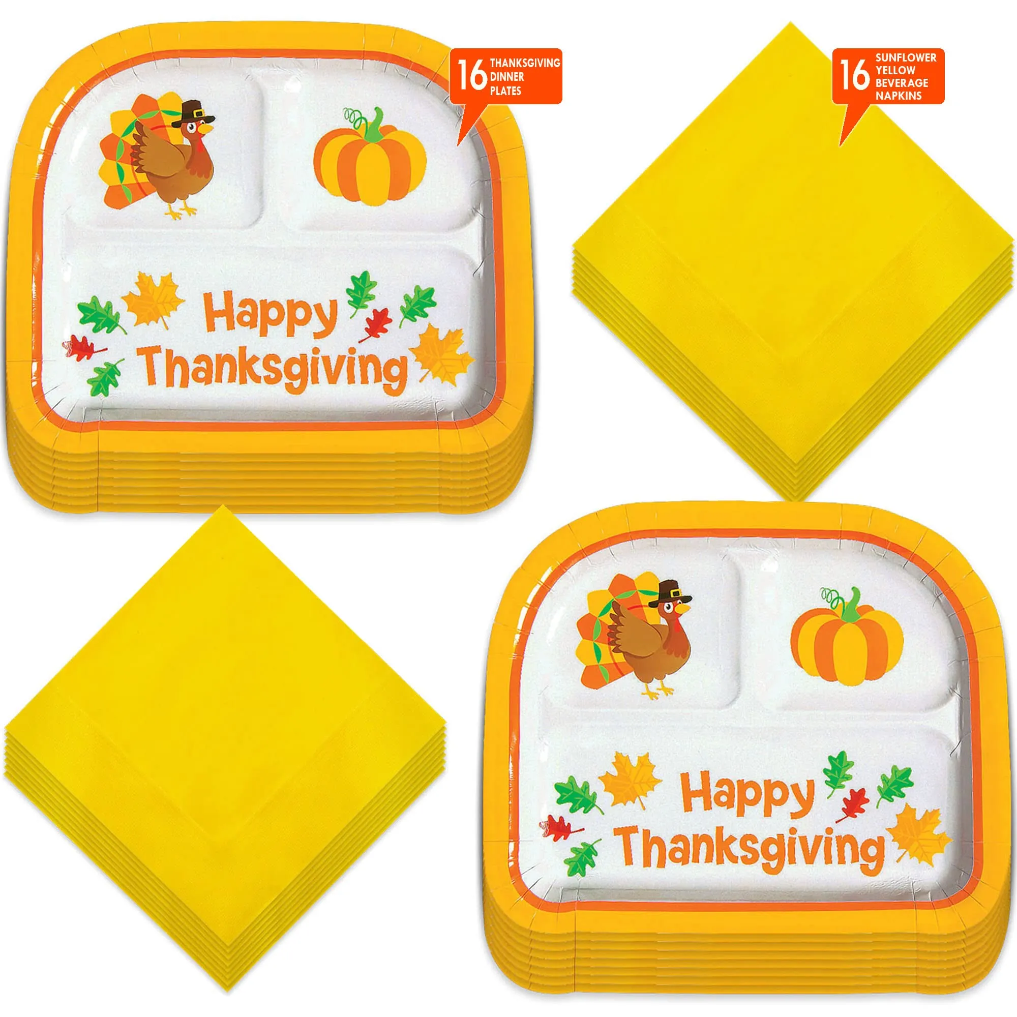 Thanksgiving Fun Sectioned Paper Dinner Plates and Beverage Napkins - Thanksgiving Party Supplies for Meals and Desserts (Serves 16)