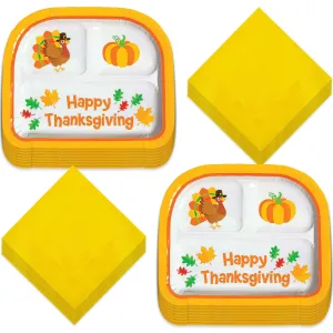 Thanksgiving Fun Sectioned Paper Dinner Plates and Beverage Napkins - Thanksgiving Party Supplies for Meals and Desserts (Serves 16)