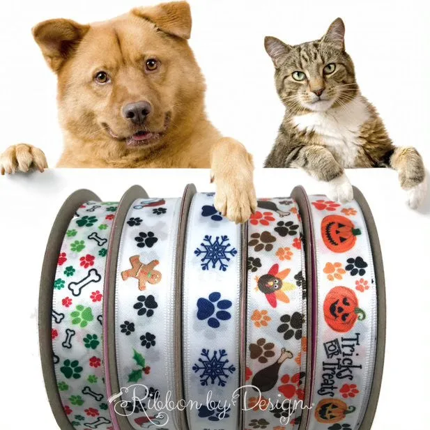 Tricks for Treats ribbon with paw prints and Jack O' Lanterns for pets printed  on 5/8" white single face satin