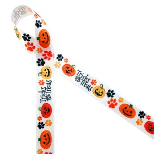 Tricks for Treats ribbon with paw prints and Jack O' Lanterns for pets printed  on 5/8" white single face satin