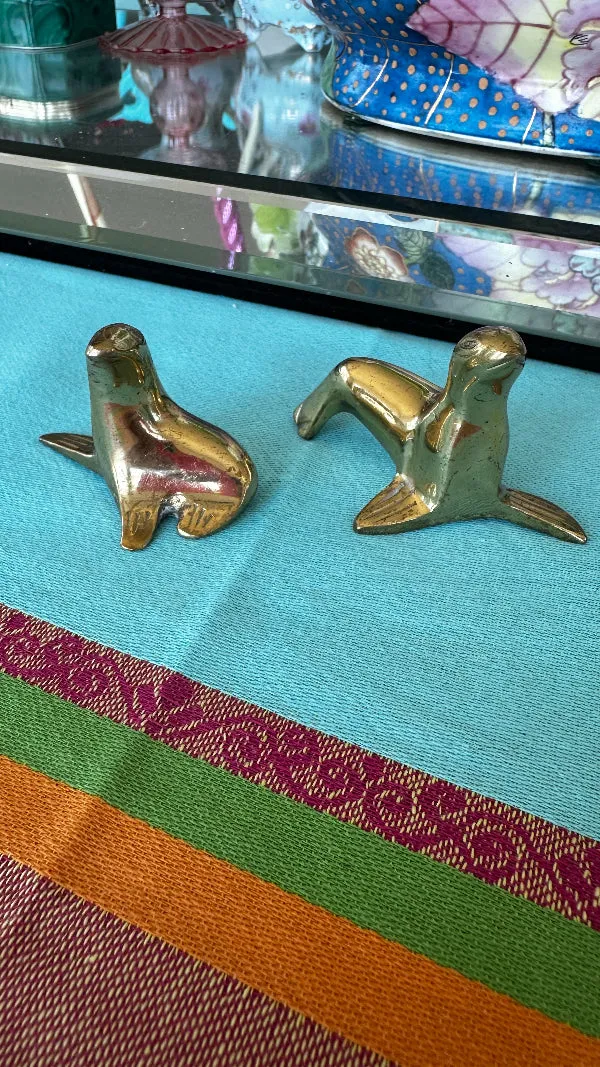 Vintage Brass Seal Figurines, Pair