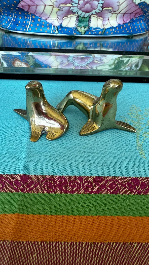 Vintage Brass Seal Figurines, Pair